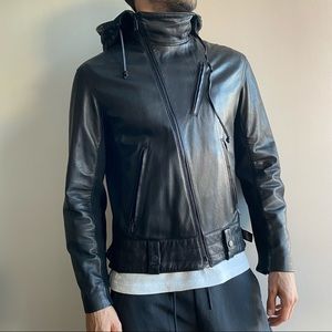 Y-3 lamb leather hooded motorcycle jacket